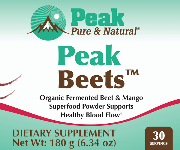 Peak Beets™ ✔ Beet & Mango Superfood Powder Supports Healthy Vascular Flow† DIETARY SUPPLEMENT Net Wt: 180 g (6.34 oz)