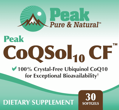 Peak CoQSol10 CF™ ✔ 100% Crystal-Free Ubiquinol CoQ10 for Exceptional Bioavailability† DIETARY SUPPLEMENT 30 Softgels