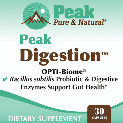 Peak Digestion™ ✔ Bacillus subtilis Probiotic & Digestive Enzymes Support Gut Health† DIETARY SUPPLEMENT 30 Capsules