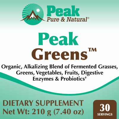 Peak Greens™ ✔ Organic, Alkalizing Blend of Fermented Grasses, Greens, Vegetables, Fruits, Digestive Enzymes & Probiotics†† DIETARY SUPPLEMENT Net Wt: 210 g (7.40 oz), 30 Servings