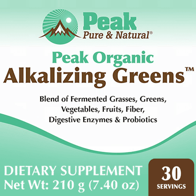 Peak Organic Alkalizing Greens™ ✔ Blend of Fermented Grasses, Greens, Vegetables, Fruits, Digestive Enzymes & Probiotics† DIETARY SUPPLEMENT Net Wt: 210 g (7.40 oz, 30 Servings