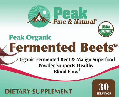 Peak Organic Fermented Beets™ ✔ Organic Fermented Beet & Mango Superfood Powder Supports Healthy Blood Flow† DIETARY SUPPLEMENT Net Wt: 180 g (6.34 oz)