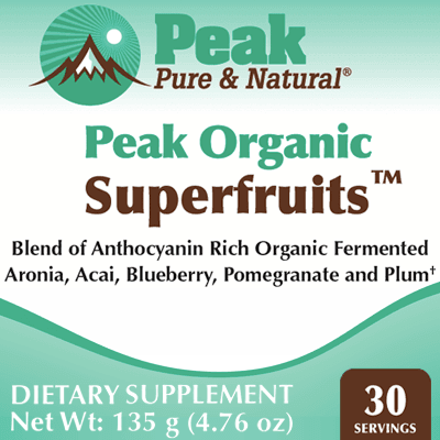 Peak Organic Superfruits™ ✔ Blend of Anthocyanin Rich Organic Fermented Aronia, Acai, Blueberry, Pomegranate and Plum† DIETARY SUPPLEMENT Net Wt: 135 g (4.76 oz), 30 Servings