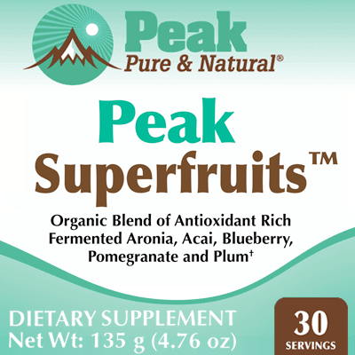 Peak Superfruits™ ✔ Organic Blend of Antioxidant Rich Fermented Aronia, Acai, Blueberry, Pomegranate and Plum† DIETARY SUPPLEMENT Net Wt: 135 g (4.76 oz), 30 Servings